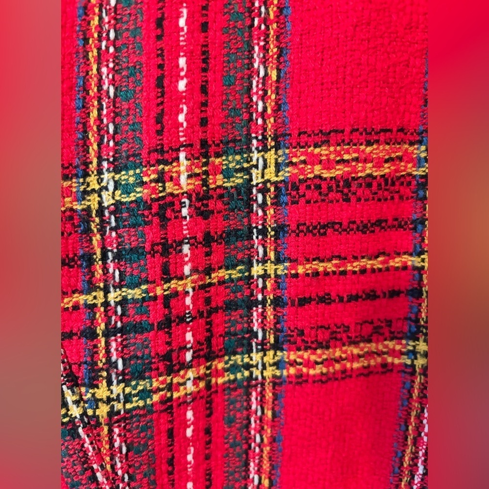 Vintage Red Tweed Plaid Knit Woven Raw Hem Fringe Blazer Jacket Gold Buttons - Picture 11 of 12
